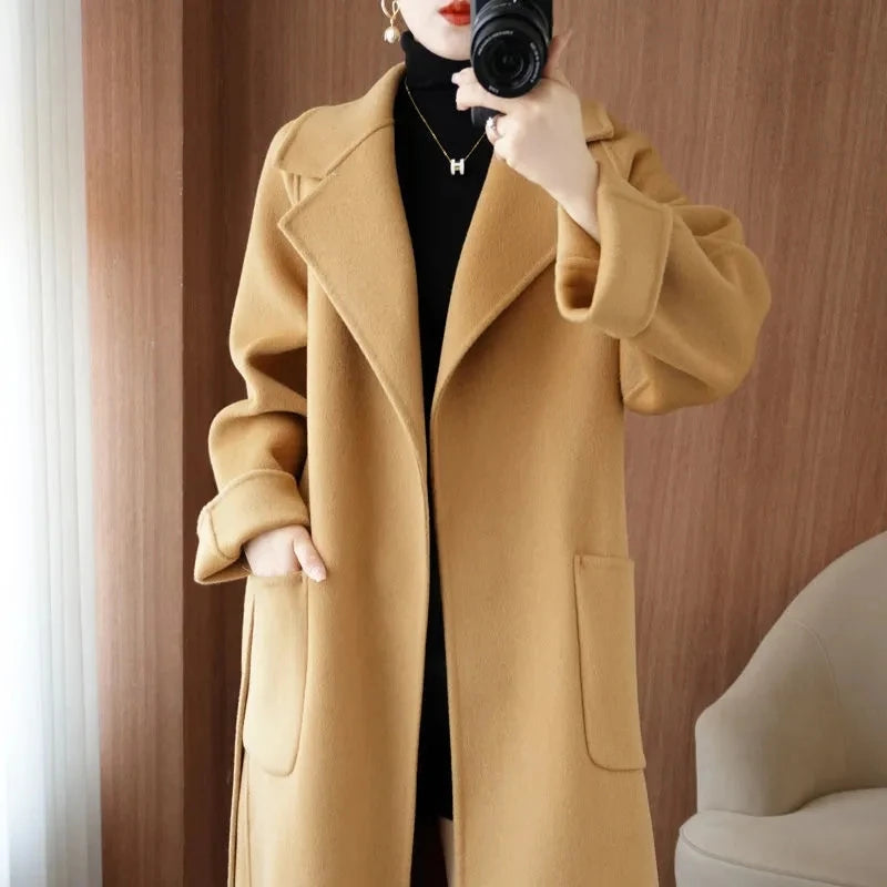 100% Cashmere-Wool Blend Belted Long Overcoat