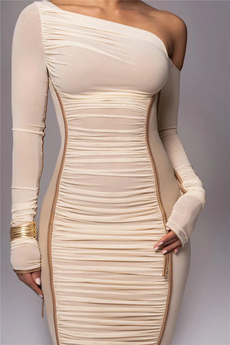 Long Sleeves Two Layer Mesh Midi Bodycon Dress