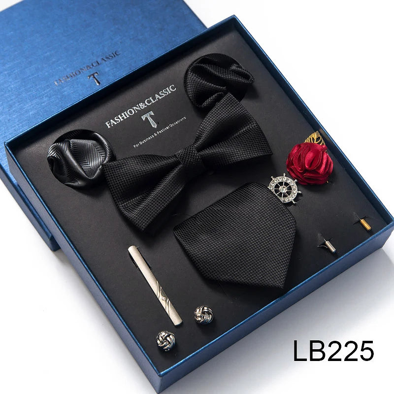 Luxury Bowtie 8 Pcs Tie Set Necktie, Bowtie, 2 Brooches, 2 Cufflinks, and 2 Pocket square