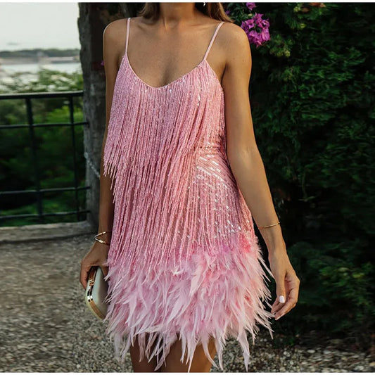 Spaghetti Straps Sequin Tassel and Feather Mini Dress