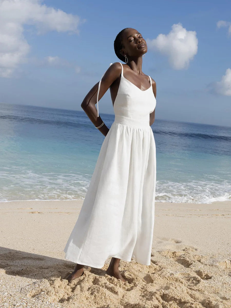 100% Cotton Backless V Neckline Beach Dress