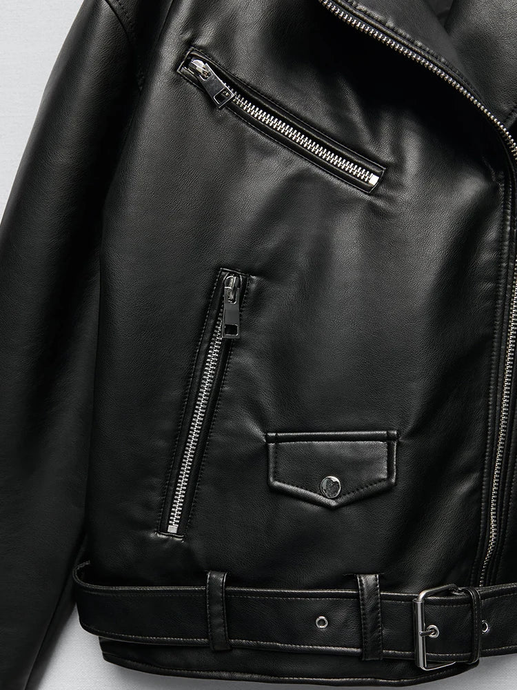 Women's Loose Black Leather Jacket with Belt