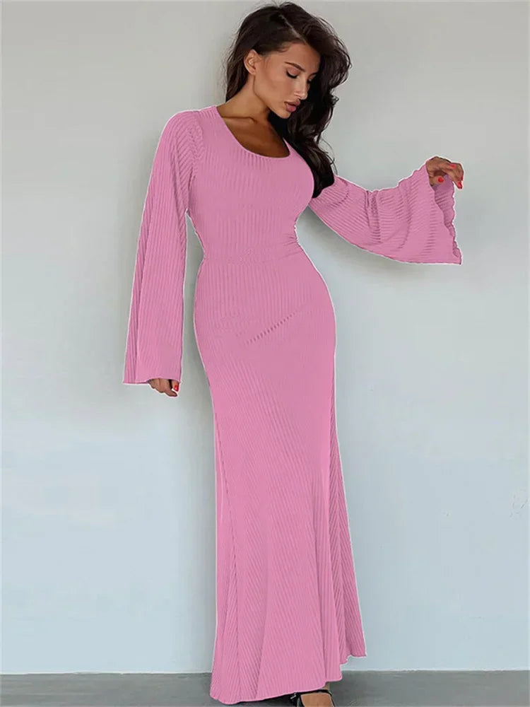 U Neckline Long Sleeve Knitted Maxi Dress