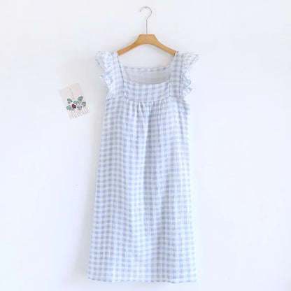 100% Pure Cotton Home Dress Plaid Nightgown with Built-in Bra