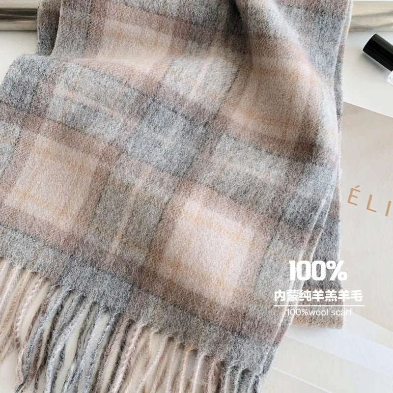 100% Wool Brown and Grey Plaid Scarf