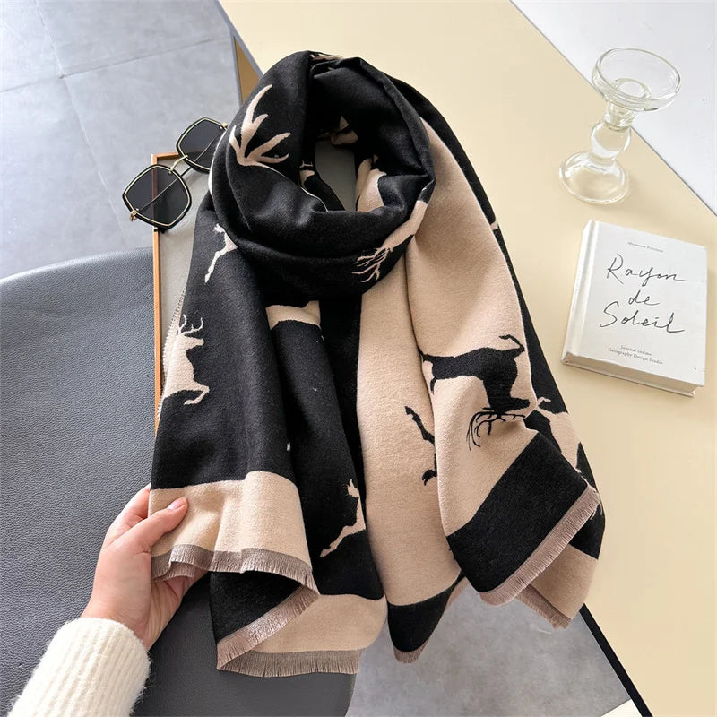 Luxury Cashmere Scarf - Deers Print Double-Sided Pashmina