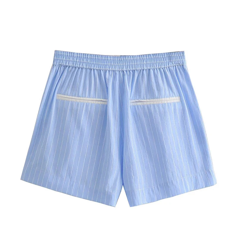 Sky Blue Striped Crop Shirt and Boxer Shorts Set