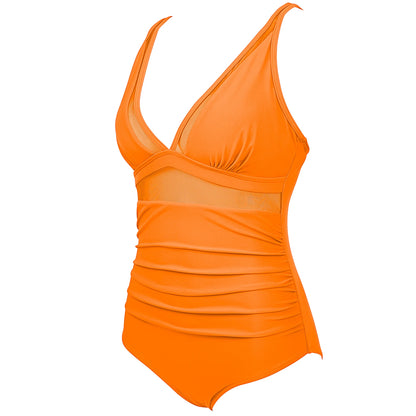 V Neckline Mesh Details Full Coverage Swimsuit