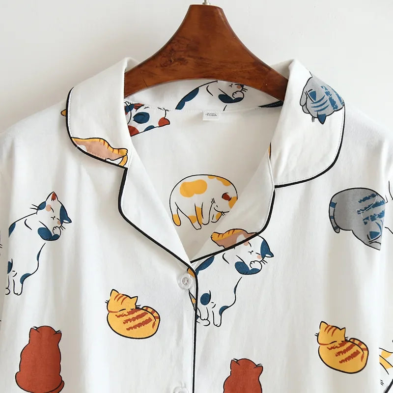 Cats Print 100% Cotton Short Sleeve Shorts Pajama Set