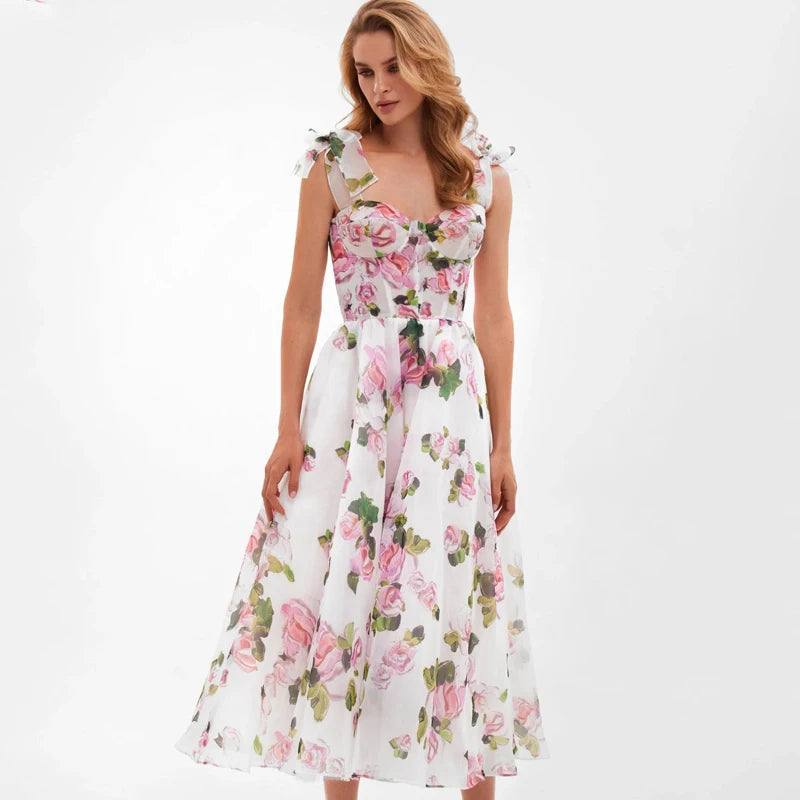 Corset Floral A-Line Dress with Wide Bow Straps