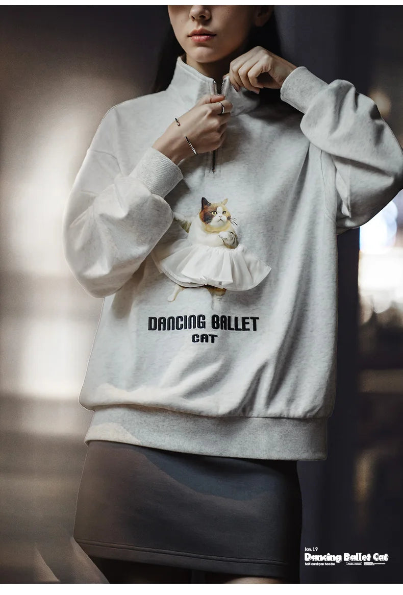 Dancing Ballet Cat Cotton Light Gray Sweatshirt