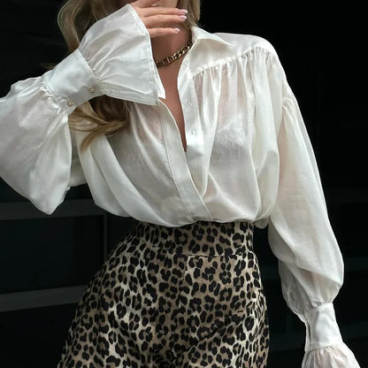 Button Down See Through Shirt Flare Sleeve Collared Solid Blouse