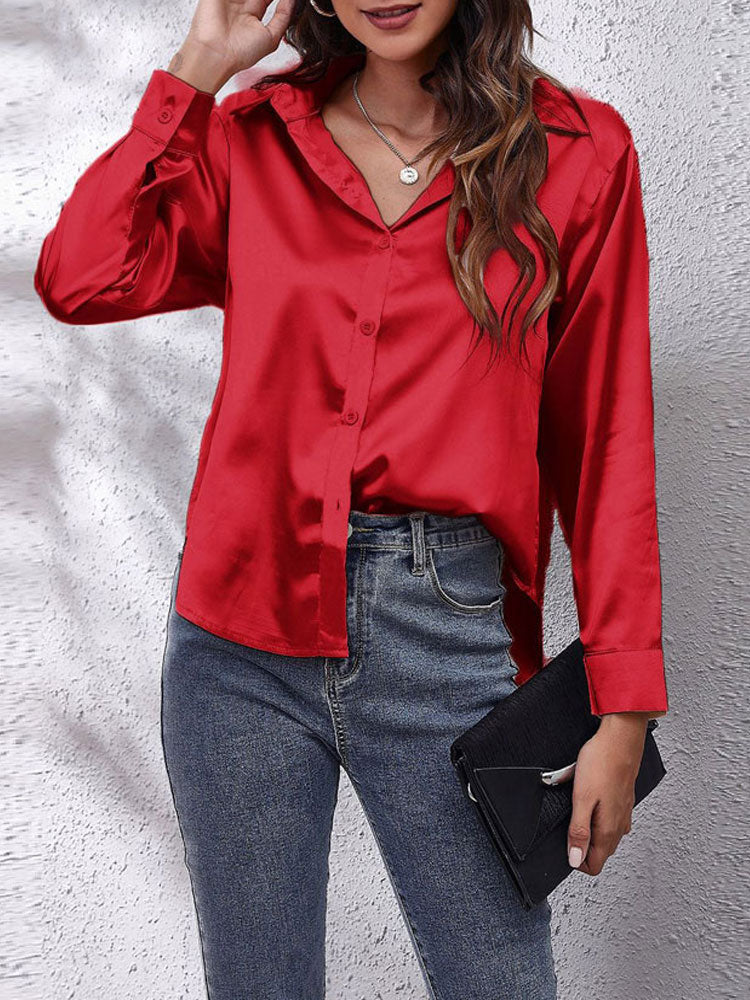 Loose Fit Satin Long Sleeve Button Up Blouse Shirt