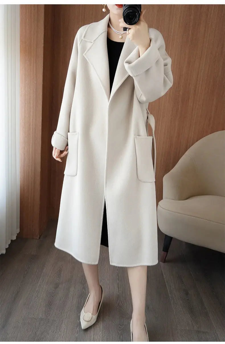 100% Cashmere-Wool Blend Belted Long Overcoat