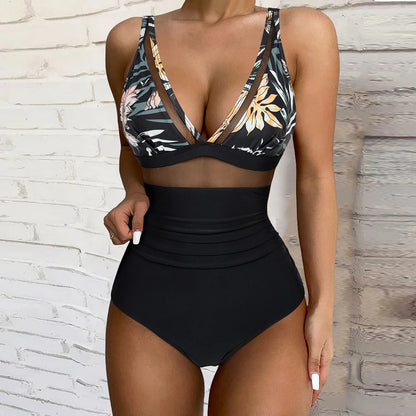 V Neckline Mesh Details Full Coverage Swimsuit