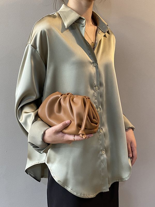 Loose Fit Metallic Colors Button Up Silk Shirt Blouse