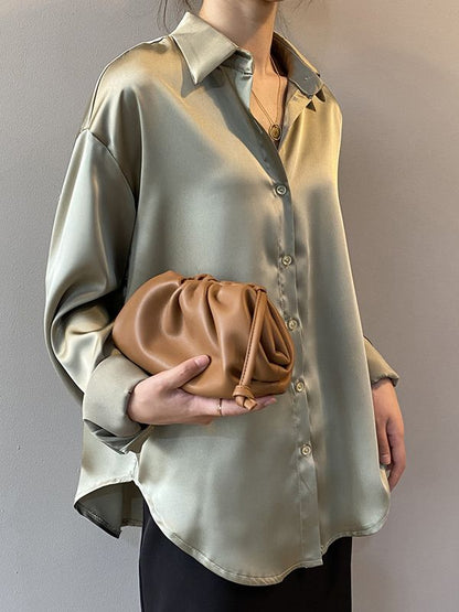 Loose Fit Metallic Colors Button Up Silk Shirt Blouse