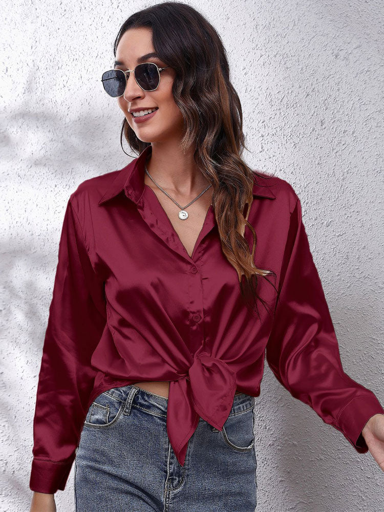 Loose Fit Satin Long Sleeve Button Up Blouse Shirt