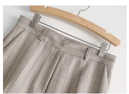 Women’s Khaki Striped Slim-Fit Suit – Tailored Blazer with Foldable Cuffs