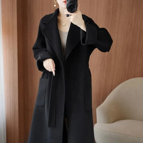 100% Cashmere-Wool Blend Belted Long Overcoat