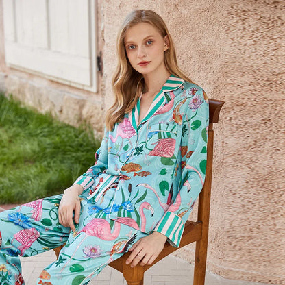 Flamingo Print Satin Long Sleeve Pajama Set