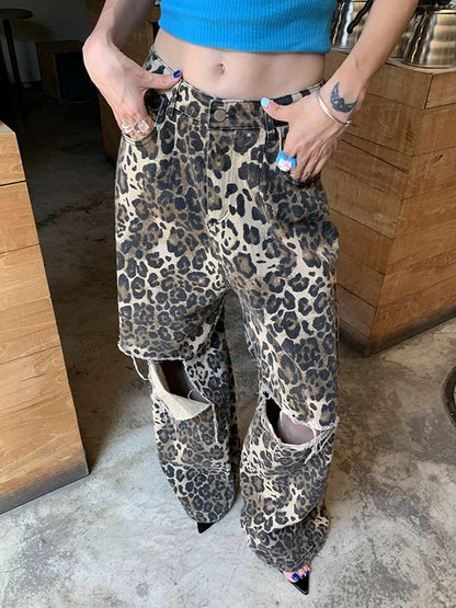 High Waist Wide Leg Leopard Ripped Jeans