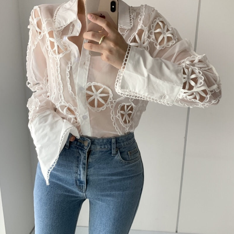 Women's Long Sleeve Sheer Embroidery White Blouse Button Up Cut Out Shirt