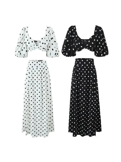 Polka Dots Cropped Top and Side Slits High Waist Skirt Set