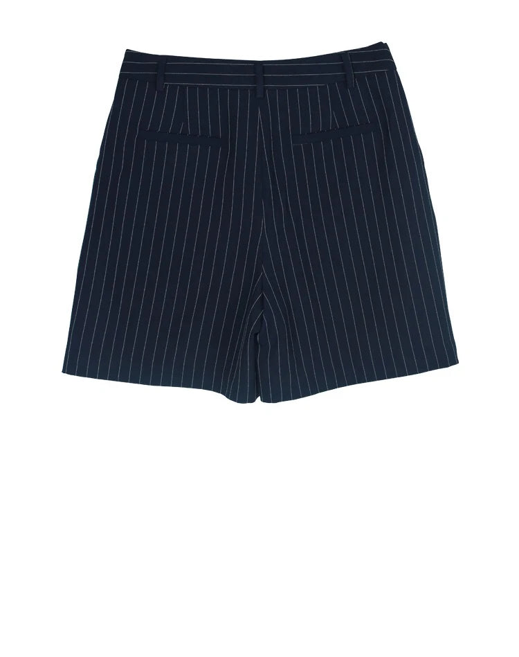 Navy Blue Striped Loose Cut Blazer and Shorts Suit