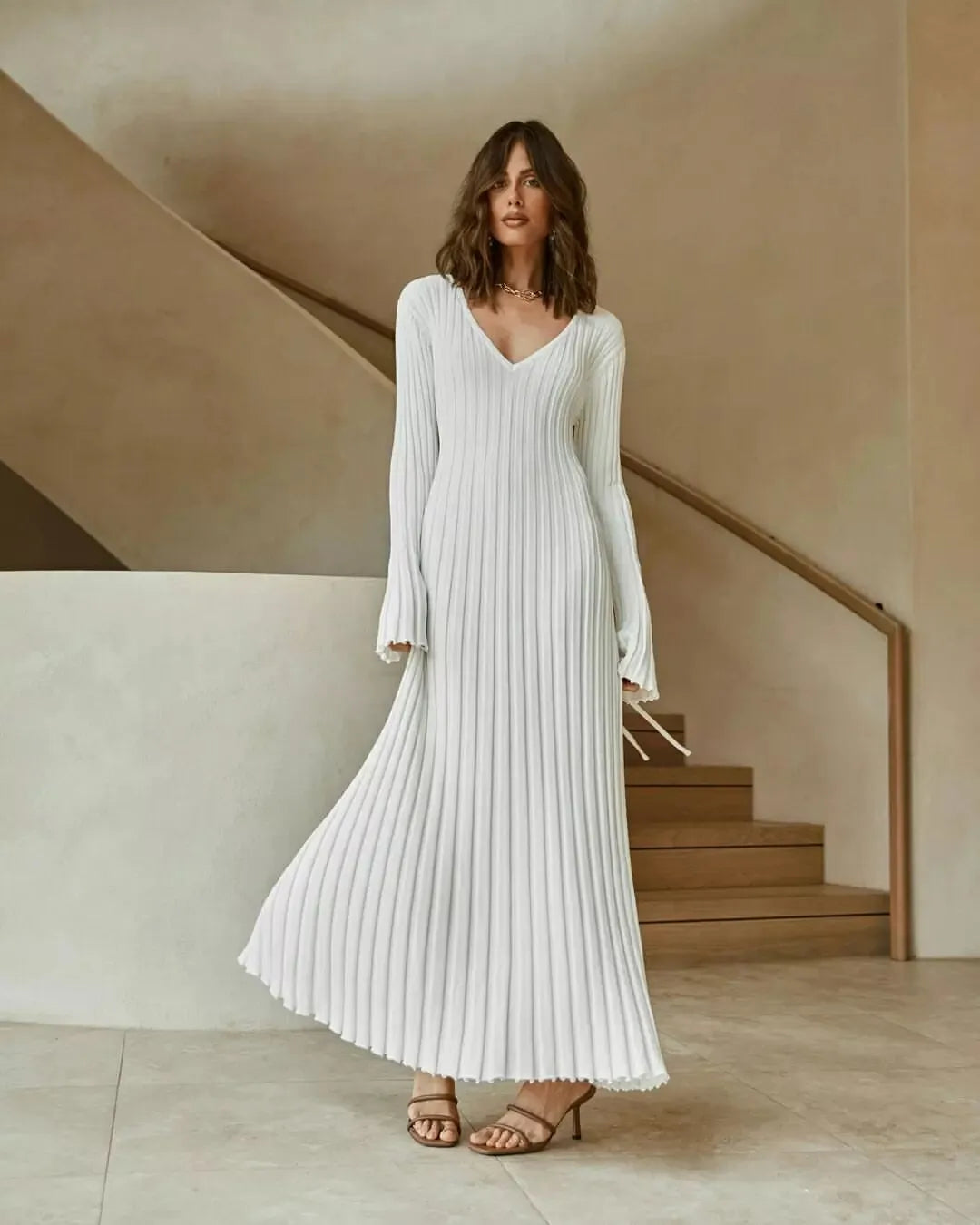 V Neckline Long Sleeve Knitted Maxi Dress