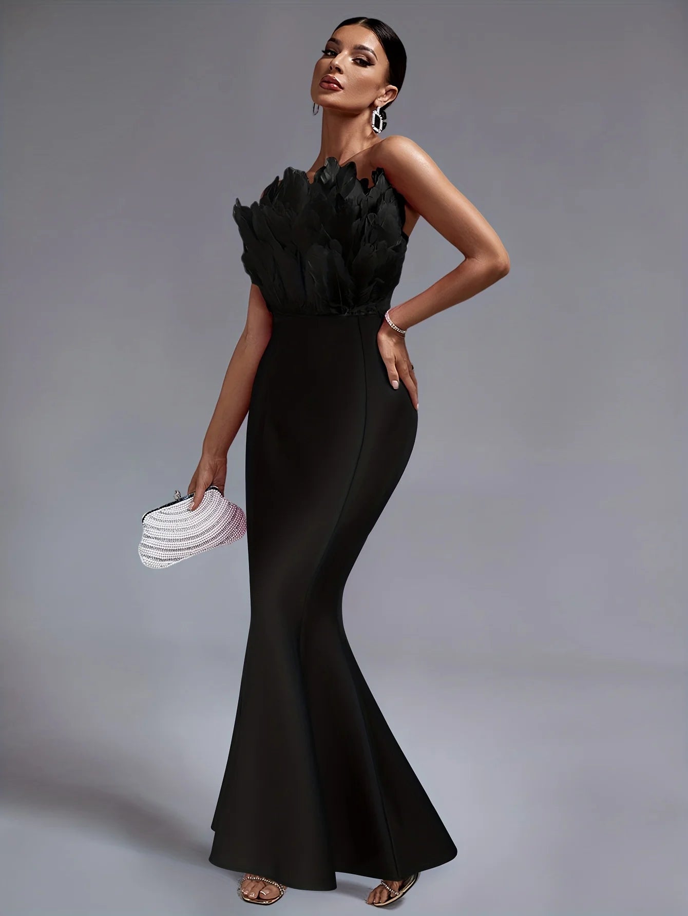 Strapless Feather Chest Mermaid Long Bandage Black Dress