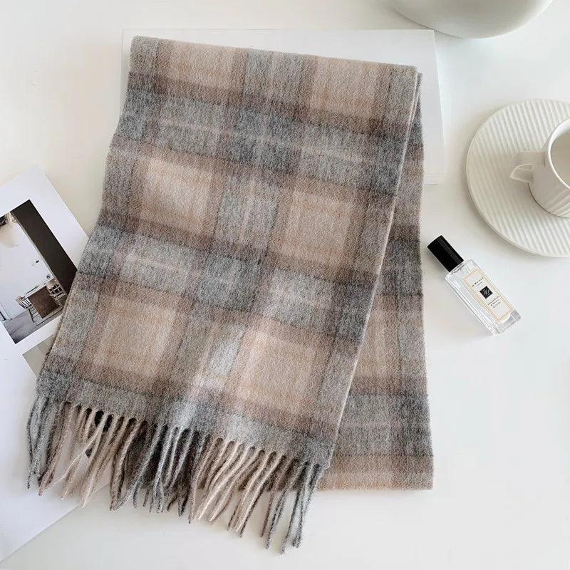 100% Wool Brown and Grey Plaid Scarf