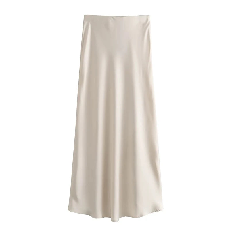 A-Line High Waist Satin Midi Skirt