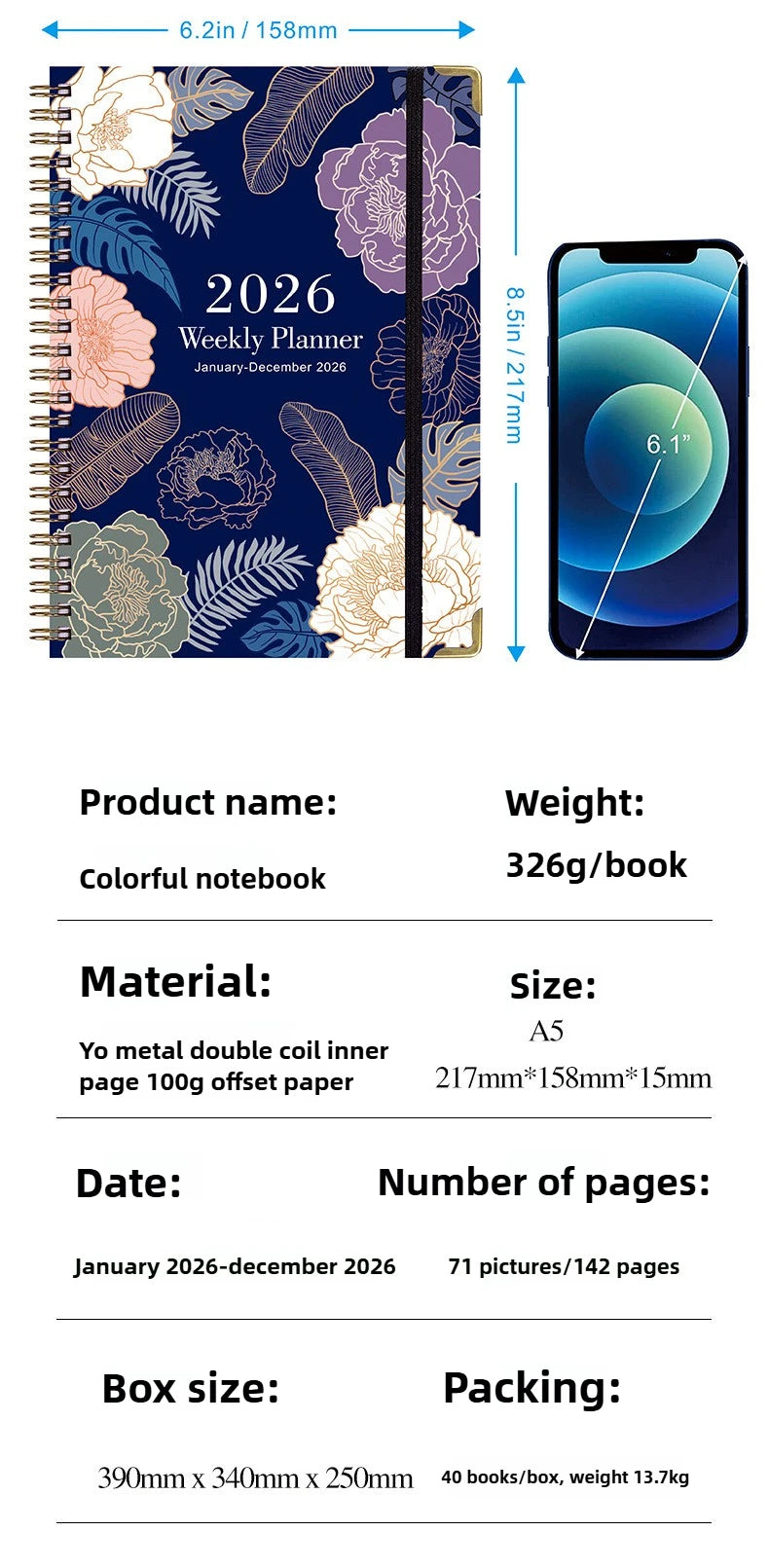 Flowers Design 2026 Weekly / Monthly Planner - A5 Agenda with Matching Bookmark