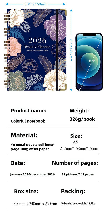 Flowers Design 2026 Weekly / Monthly Planner - A5 Agenda with Matching Bookmark