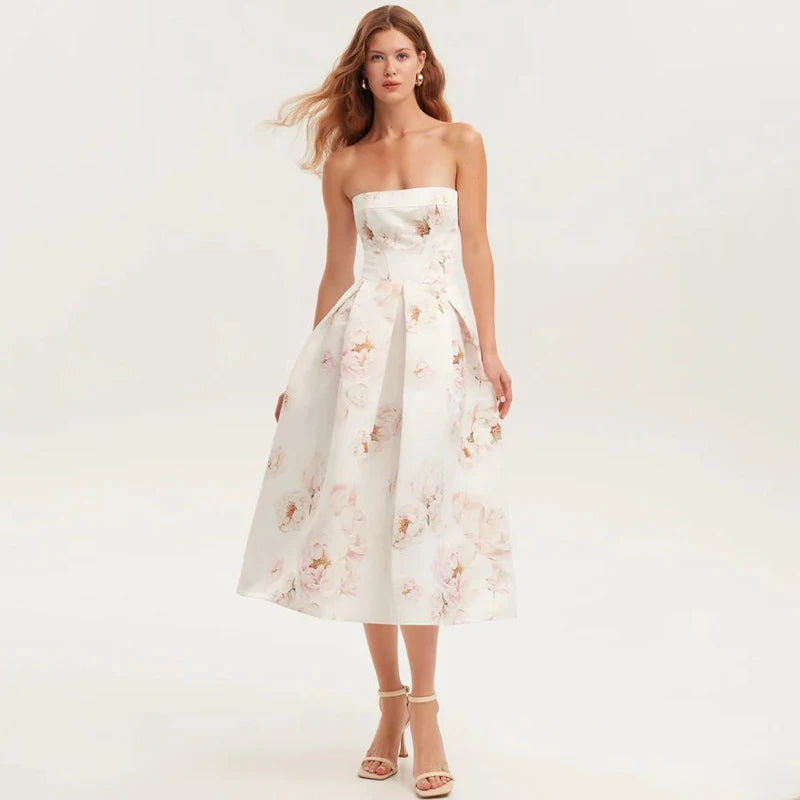 Strapless Floral Print A-Line Dress
