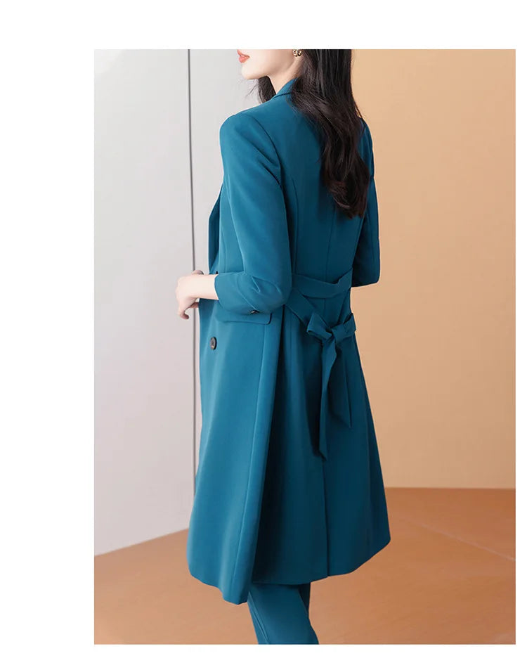 Women 2 Pcs Formal Suit Long Blazer and Straight Pants Suit