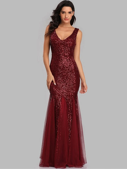 Sleeveless V Neckline Sequin Evening Dress