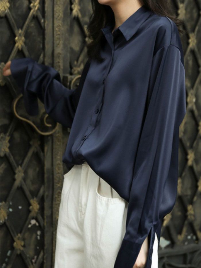 Loose Fit Metallic Colors Button Up Silk Shirt Blouse