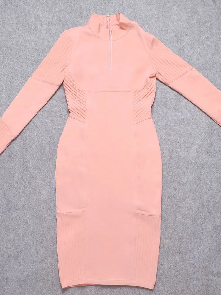 Light Coral Long Sleeve Midi Bandage Pencil Dress