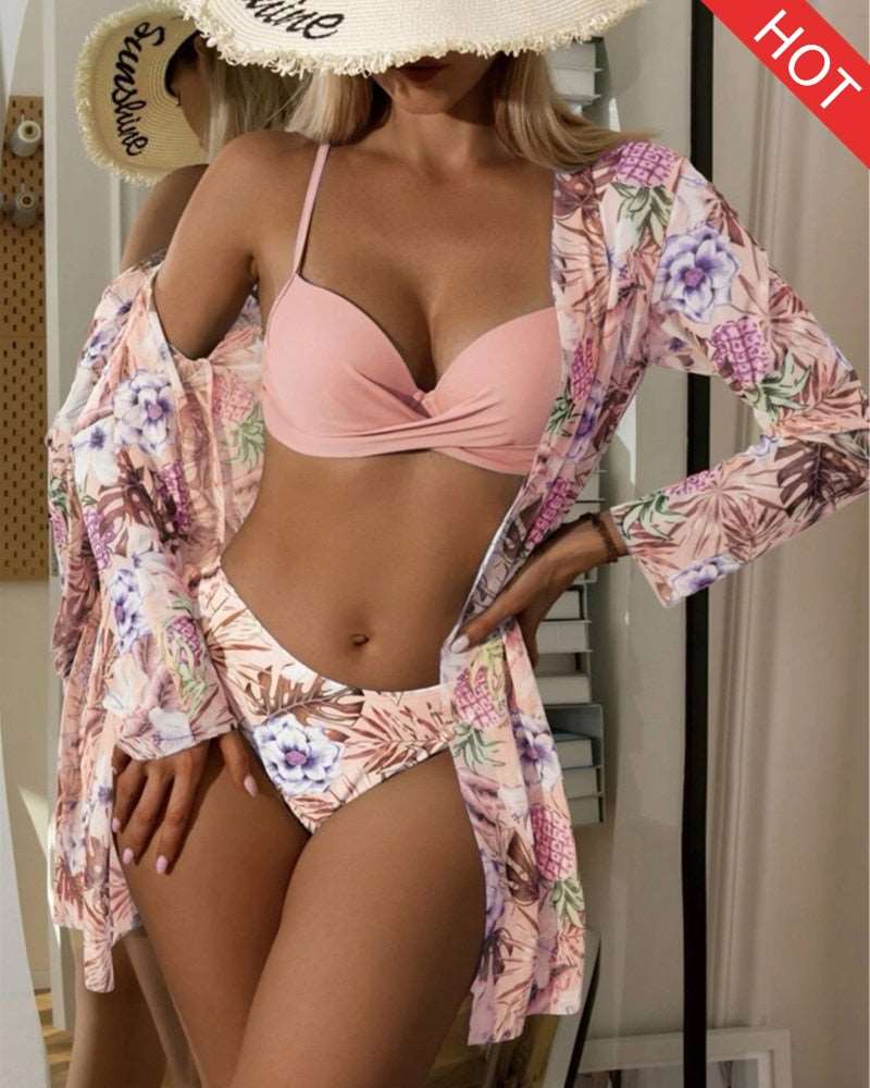 13 Color Floral 3 Pieces Low Waist Bikini Set with a Matching Cover-up Kimono