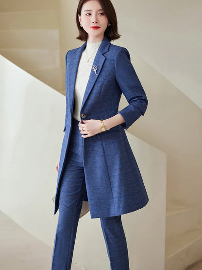 Plaid Long Blazer and Trousers Women's Formal Suit