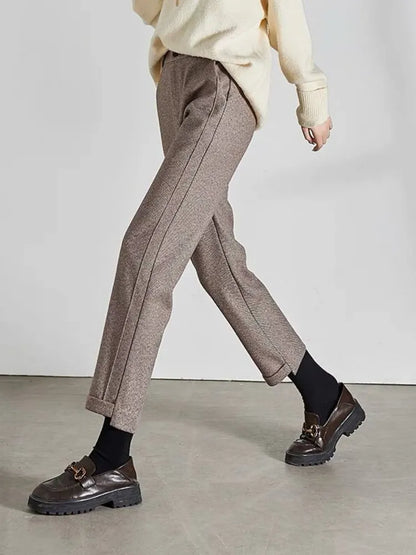 High Waist Tweed Pencil Wool Winter Cuffed Trousers