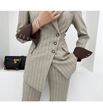 Women’s Khaki Striped Slim-Fit Suit – Tailored Blazer with Foldable Cuffs