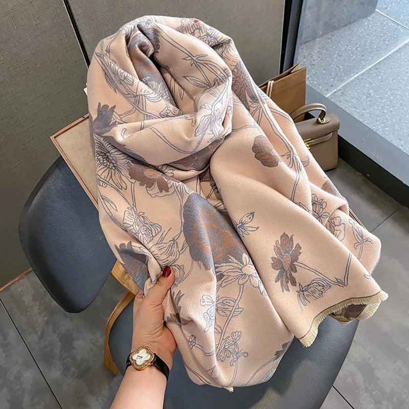 Poppy Flower Print Cashmere Scarf 180* 65 CM Double-Sided Scarf