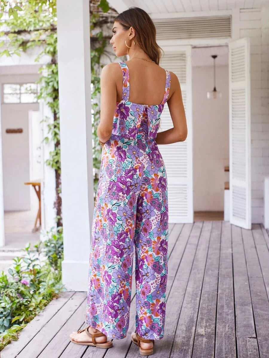 Floral Square Neckline Casual Wide Leg Jumpsuit