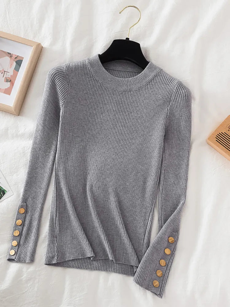 Round Neckline Button Sleeve Sweater