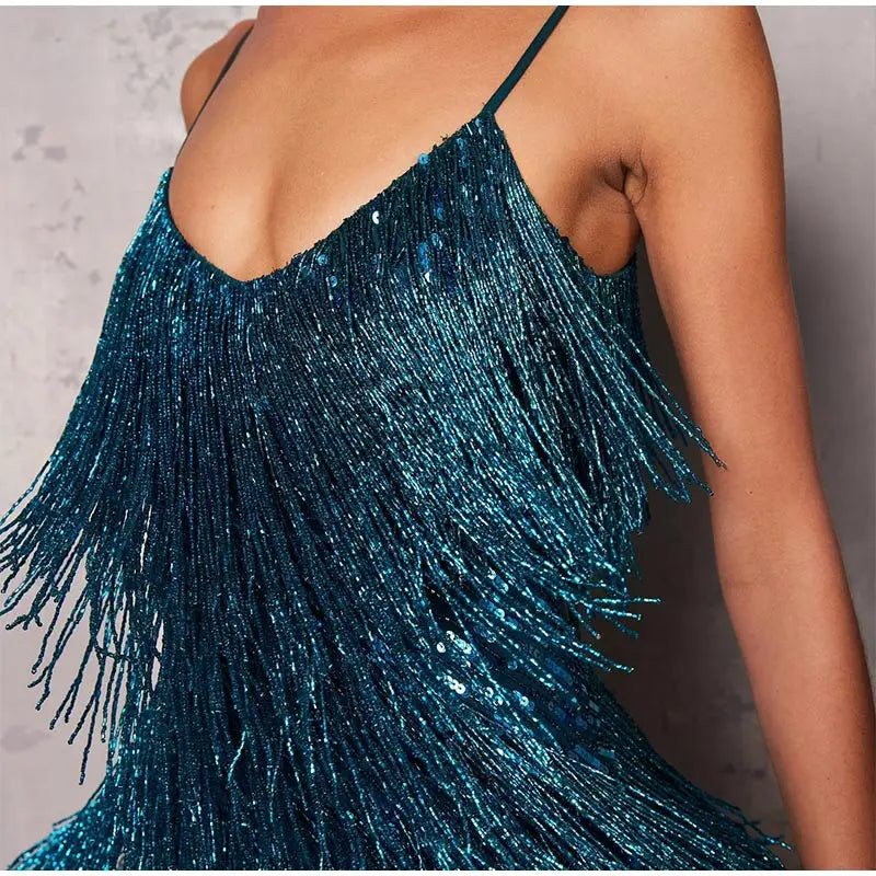 Spaghetti Straps Sequin Tassel and Feather Mini Dress