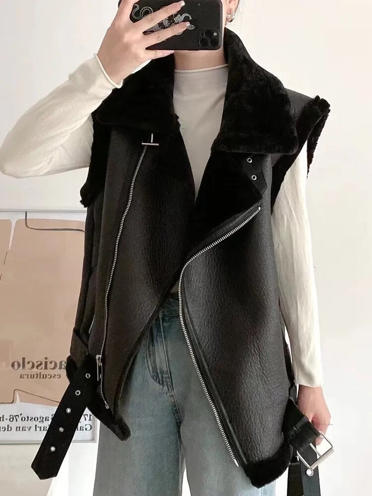 Women's Faux Leather Fur Vest Coat with Belt