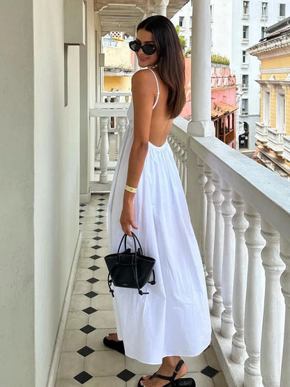 Backless V Neckline Maxi White Dress